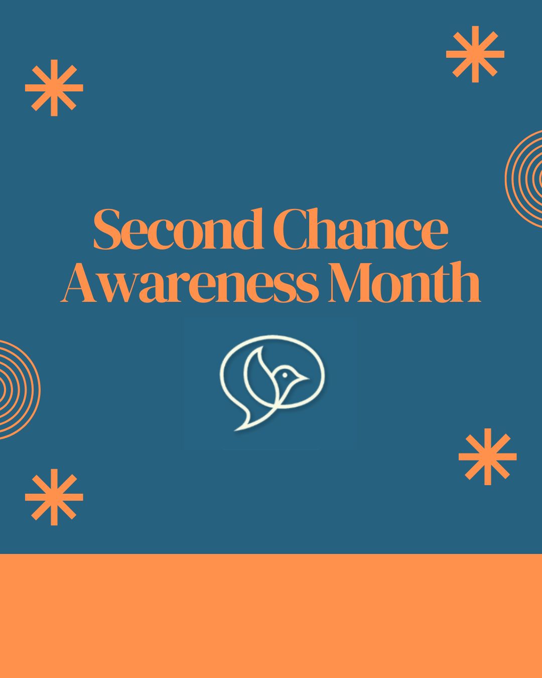 Colored blue and orange graphic with the words Second Chance Awareness Month created on Canva.