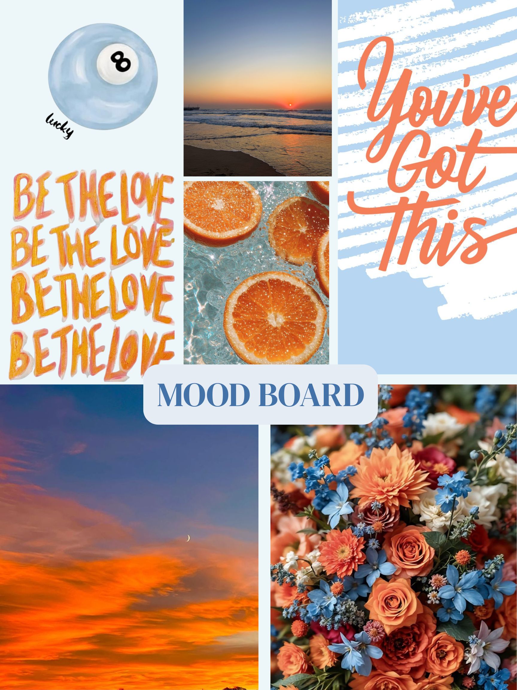 Colored collage of blue and orange aesthetically pleasing photos taken from Pintrest. The collage was created on Canva as a mood board.