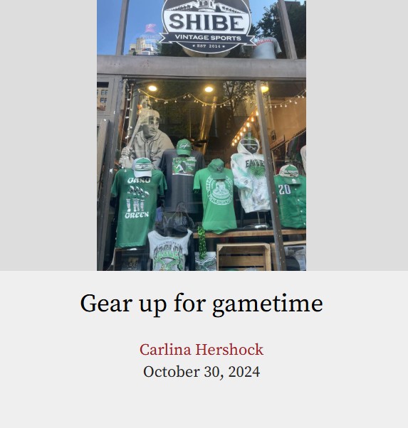 A photo of the front window of a Philly sports appareal store called 'Shibe Vintage Sports.'