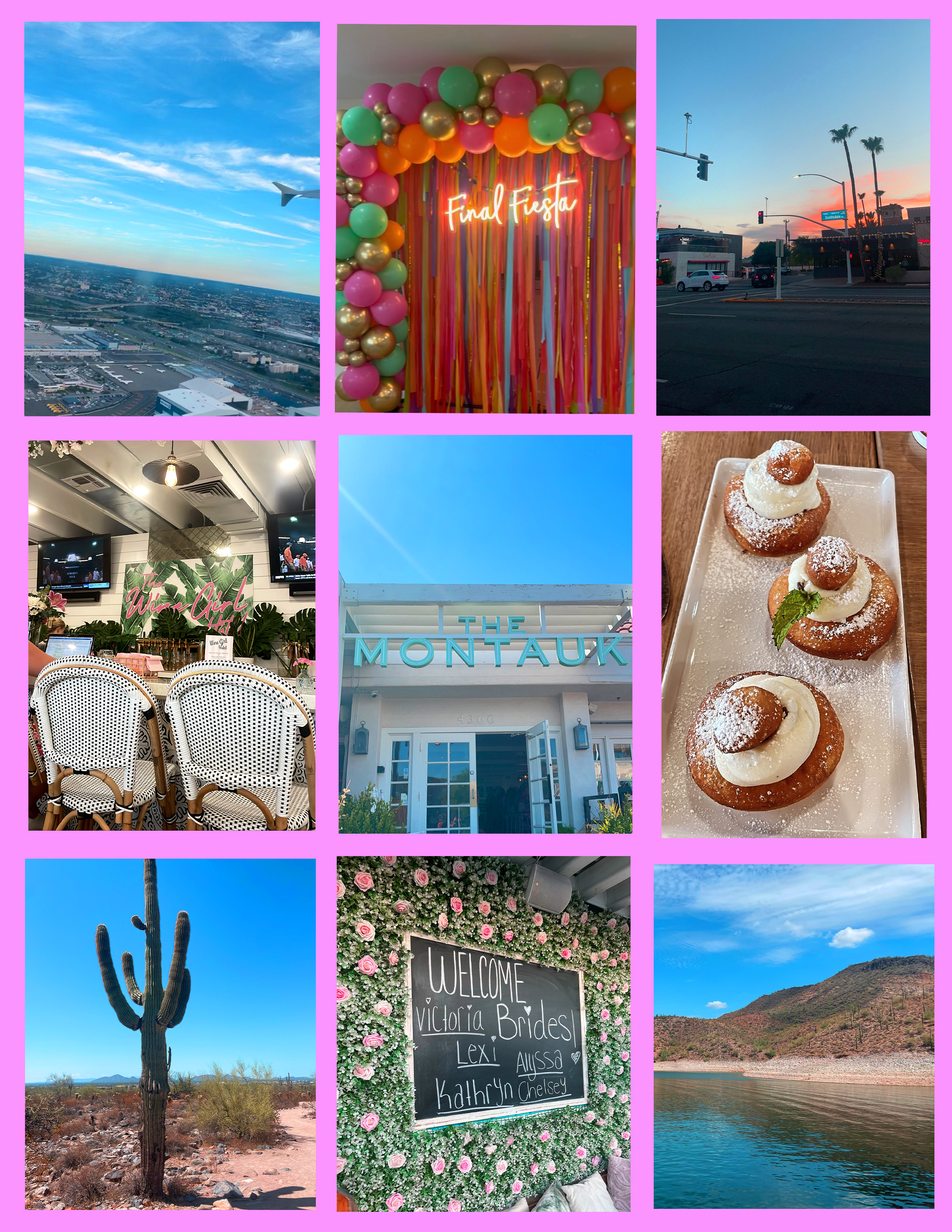 Colored photo grid of nine different images from a bachelorette trip to Arizona. The photos were put together in a college as a photo storytelling project.